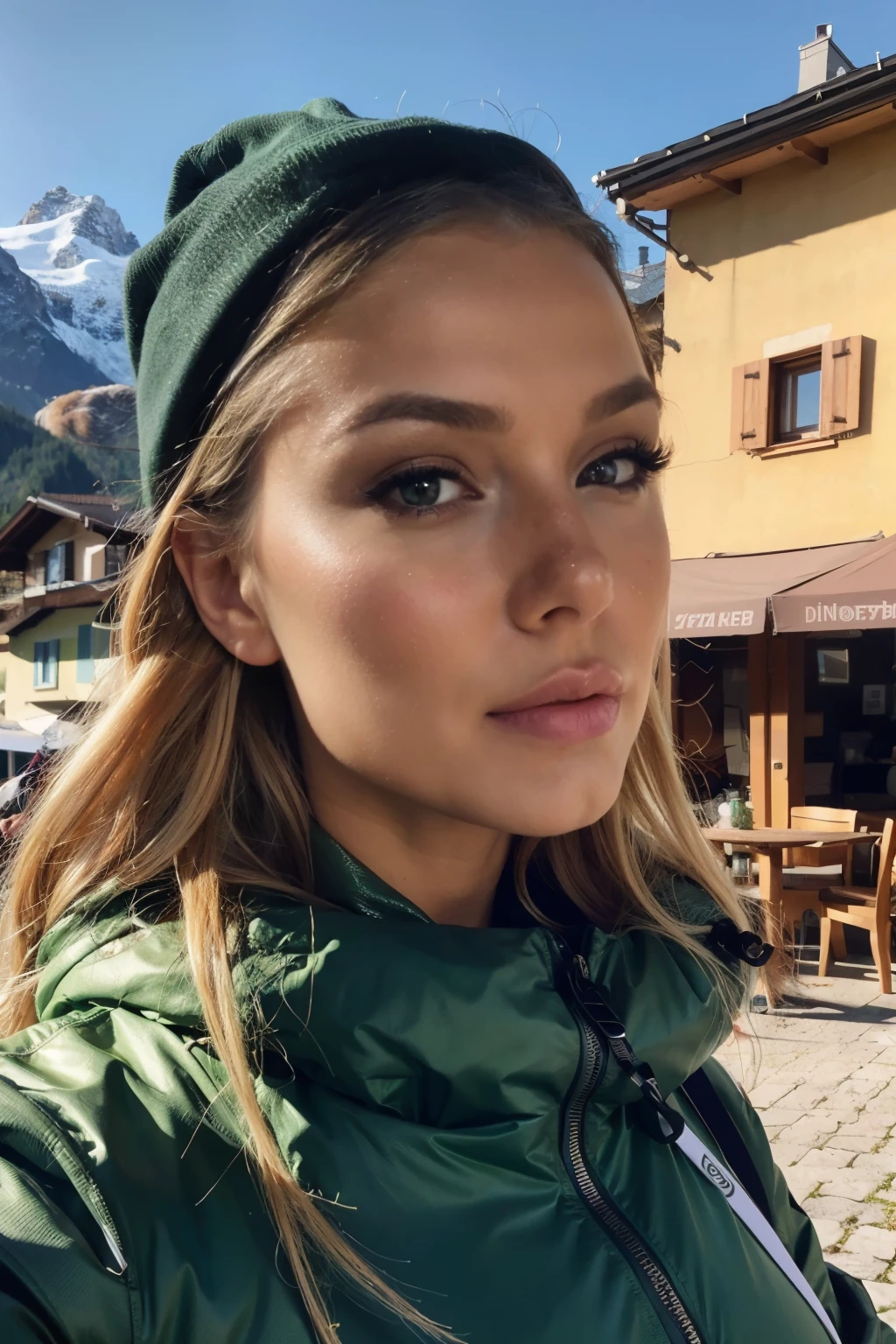 russian instagram model, her name is Anna, ultra realistic, realism, highly detailed, amazing body, charming beauty, sexier facial features, pure beauty, green eyes, blonde, sfw, While on a ski holiday in Switzerland.