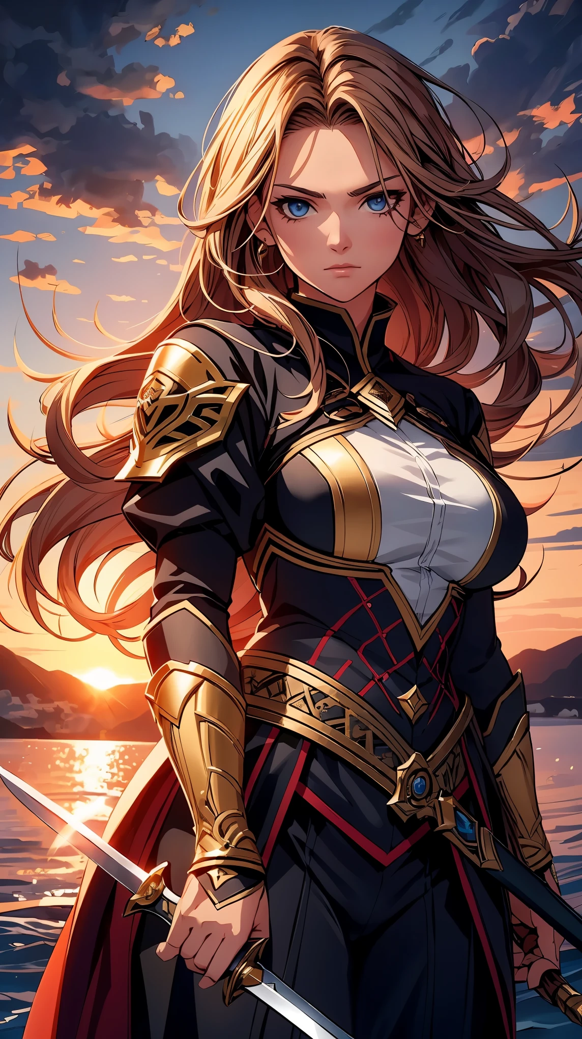 a girl wielding a large sword,illustration,detail of face and eyes,flowing hair,strong and determined expression,beautiful sunset backdrop,best quality,ultra-detailed,realistic:1.37,vivid colors,dramatic lighting