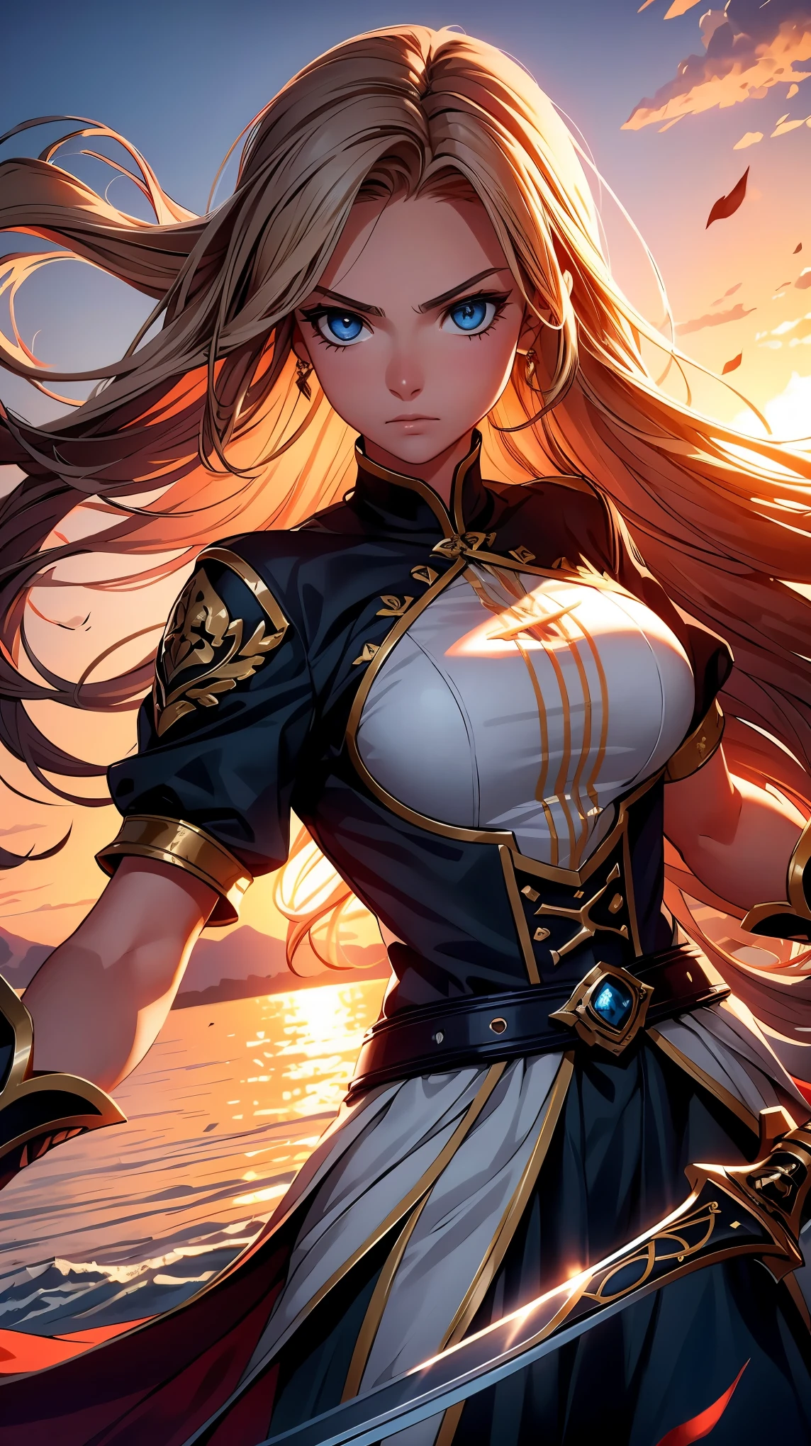 a girl wielding a large sword,illustration,detail of face and eyes,flowing hair,strong and determined expression,beautiful sunset backdrop,best quality,ultra-detailed,realistic:1.37,vivid colors,dramatic lighting