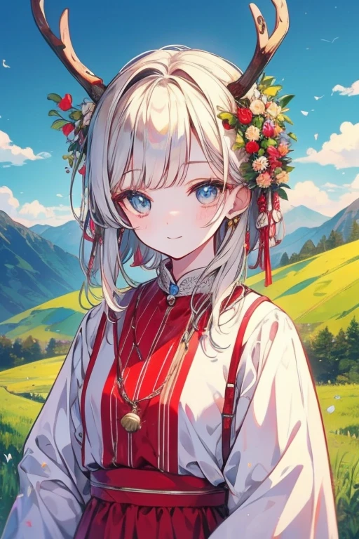 unparalleled beauty,perfect face、God、stream、grassland、A smile illuminated by the morning sun、beautiful mountain scenery、,perfect eyes、old-fashioned costume、retro style、Deer antlers grow from the head、National costume