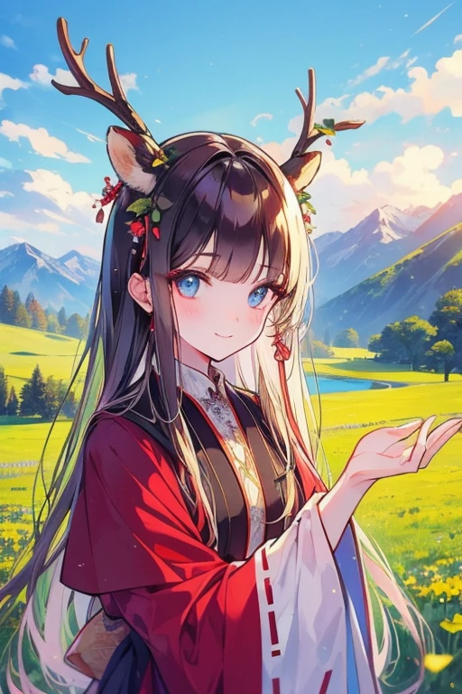 unparalleled beauty,perfect face、God、stream、grassland、A smile illuminated by the morning sun、beautiful mountain scenery、,perfect eyes、old-fashioned costume、retro style、Deer antlers grow from the head、National costume