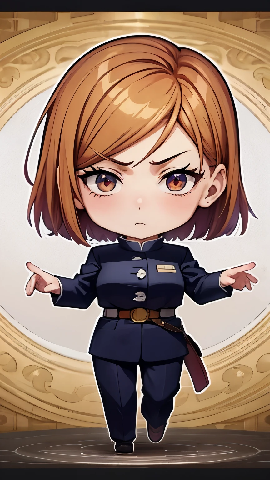 Chibi character pixel art, ((nobara kugisaki)), 1 girl with short brown hair standing, Chibi style, high quality pixel art, Gege Akutami, photography, beautiful, colorful,realistic, masterpieces, top quality, best quality, official art, beautiful and aesthetic.
