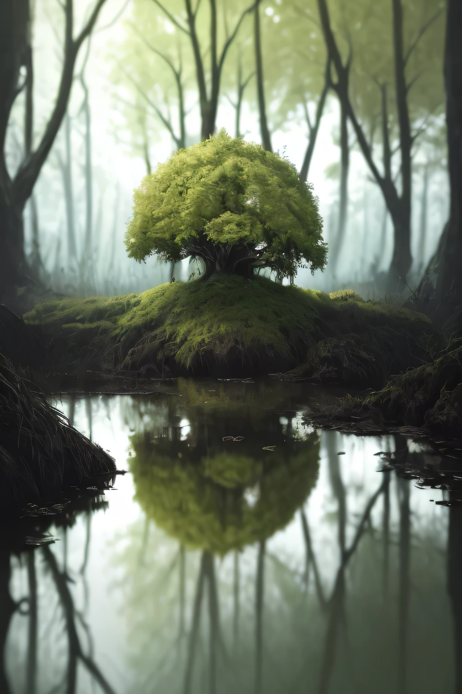 Analog style, ChromaV5, nvinkpunk,(extremely detailed CG unity 8k wallpaper), A Landscape of a murky and ominous swamp, the water is still and dark, the trees are twisted and gnarled, with moss hanging from the branches, a thick mist hangs in the air, the feeling of unease is palpable, oil paiting, award winning photography, Bokeh, Depth of Field, HDR, bloom, Chromatic Aberration ,Photorealistic,extremely detailed, trending on artstation, trending on CGsociety, Intricate, High Detail, dramatic, art by midjourney