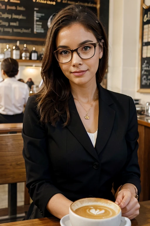 woman in secretary outfit in a cafe