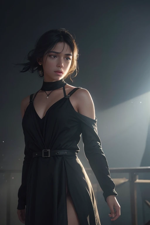 1 girl,alone,black eye,dust,dust,volumetric fog,disorganized,(particles of light:1.2),lens 135mm,f1.8,Depth of bounds written,dramatic light,rim lighting,[building|art deco background:1.3],(masterpiece, highest quality:1.4),(photorealistic:1.4)(realistic, photo-realistic:1.4),8K UHD,ultra high resolution,born,HDR,