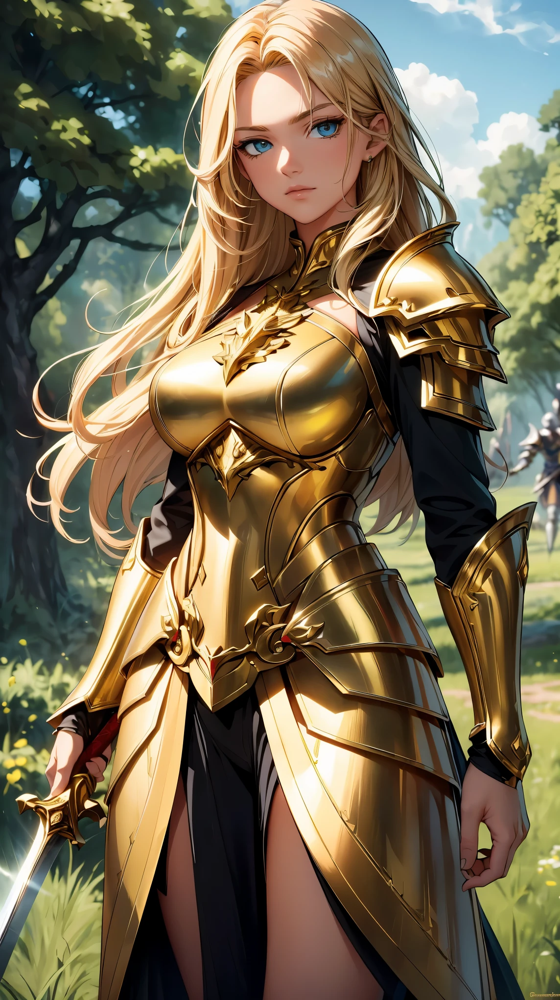 (best quality,4k,8k,highres,masterpiece:1.2),ultra-detailed,(realistic,photorealistic,photo-realistic:1.37),a elf woman,redhead paladin,full plate armor,beautiful detailed eyes,beautiful detailed lips,extremely detailed eyes and face,longeyelashes,shiny silver armor reflecting the sunlight,fierce expression,confident stance,holding a shining sword,elven runes engraved on the sword,holy aura surrounding her,majestic golden crown on her head,glowing blue gemstones embedded in the armor,surrounded by lush green trees and colorful flowers,ethereal elven forest background,soft sunlight filtering through the leaves,subtle rays of light illuminating her surroundings,vibrant and rich color palette,meticulously hand-painted oil-like texture,traditional fantasy art style,high contrast with dramatic lighting,details of individual armor pieces and textures,impressive muscle definition and physique,immersive depth of field effect,realistic shadow and highlights,immersive sound effects adding to the atmosphere,bokeh effect creating a dream-like feel,majestic and awe-inspiring atmosphere,evoking a sense of wonder and power.
