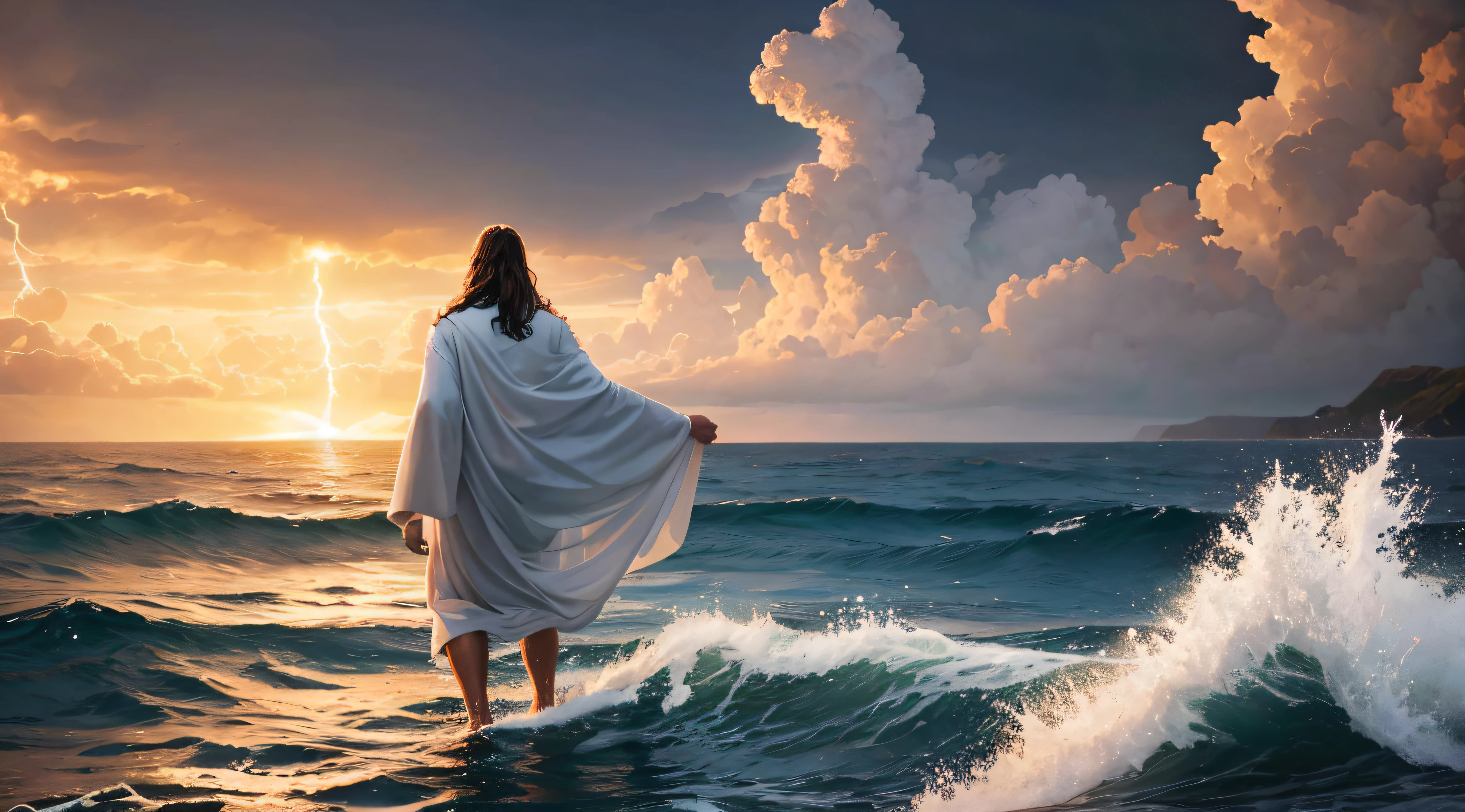 jesus walking on the water with a lightning in the background, jesus walking on water, jesus christ grace, the sea and storms behind him, god of the ocean, jesus, the lord and savior, the god of the sea, epic biblical depiction, young almighty god, greg olsen, christian art, godrays digital painting, rising from ocean, powerful god, bright light masterpiece