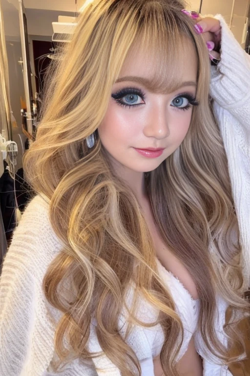 blonde、curly hair、gal makeup、fluffy eyelashes、big breasts、standing、valley