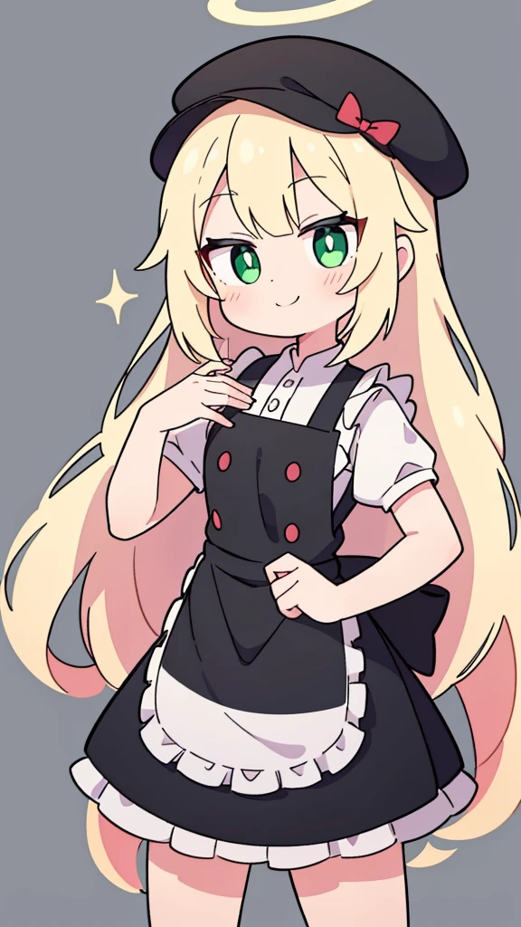a lady，adult，long hair，beauty，Smile，black的衣服，halo，粉色long hair，beauty，cute，Smile，迷人的Smile，black，apron，hat，lolita style，Cook，apron，恶魔horn，cute，horn，以black为主要色调的衣服，green pupils，green eyes