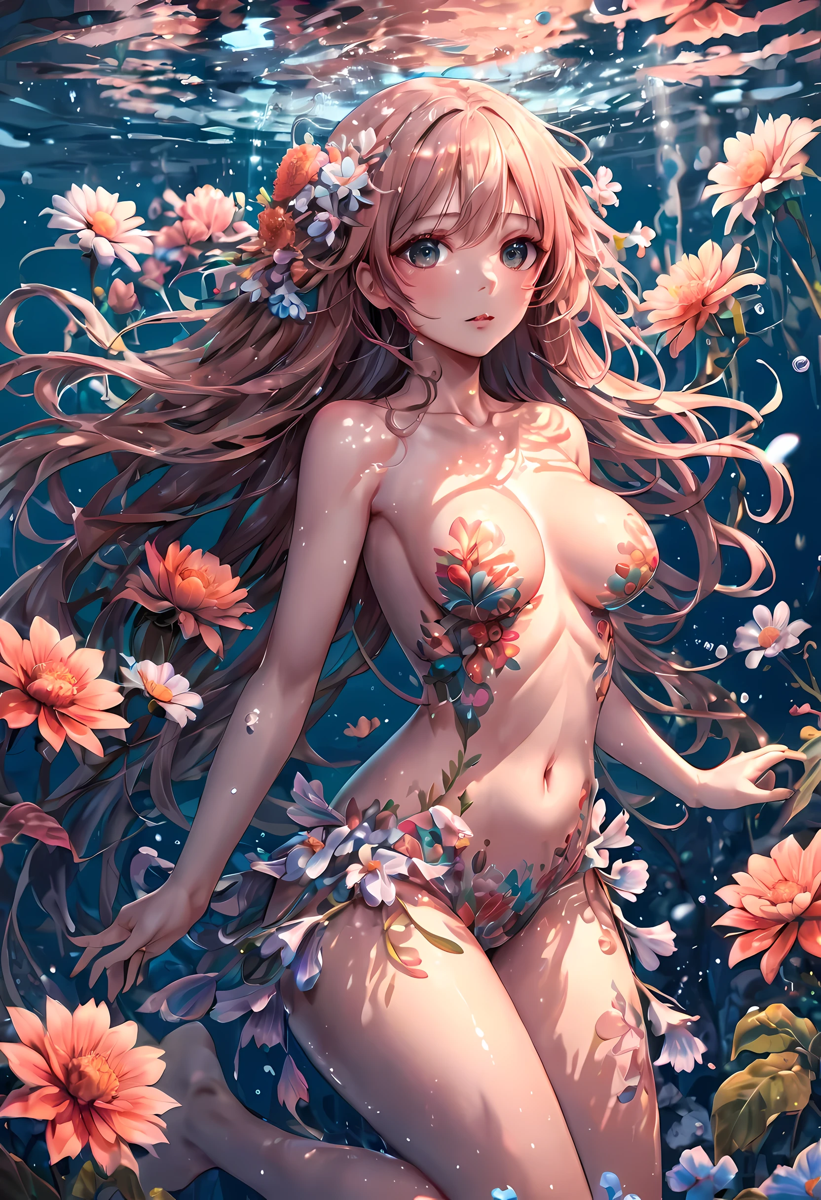 Extremely detailed anime fantasy art,girl holding flowers underwater,Ethereal anime illustration,(Flowers cover the body),(Sexy:1.3),Good to be naked,medium shot,((SFW))