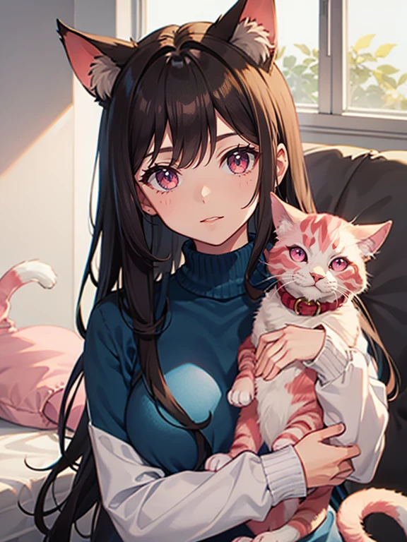 Brunette,Straight hair,cat's ears,pink eyes,blue sweater with pink cat.