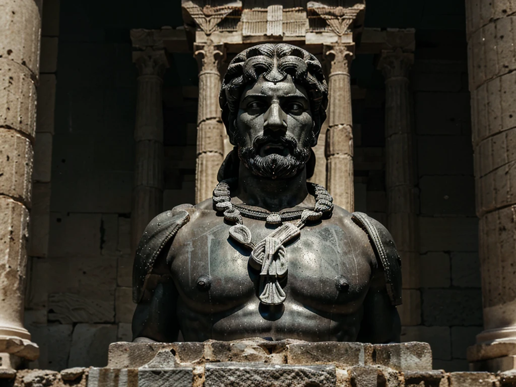 A dark landscape image of an ancient greek society deeply connected to stoicism, black and white, ancient greek architecture, include one single big statue of a stereotypical strong greek man, marcus aurelius