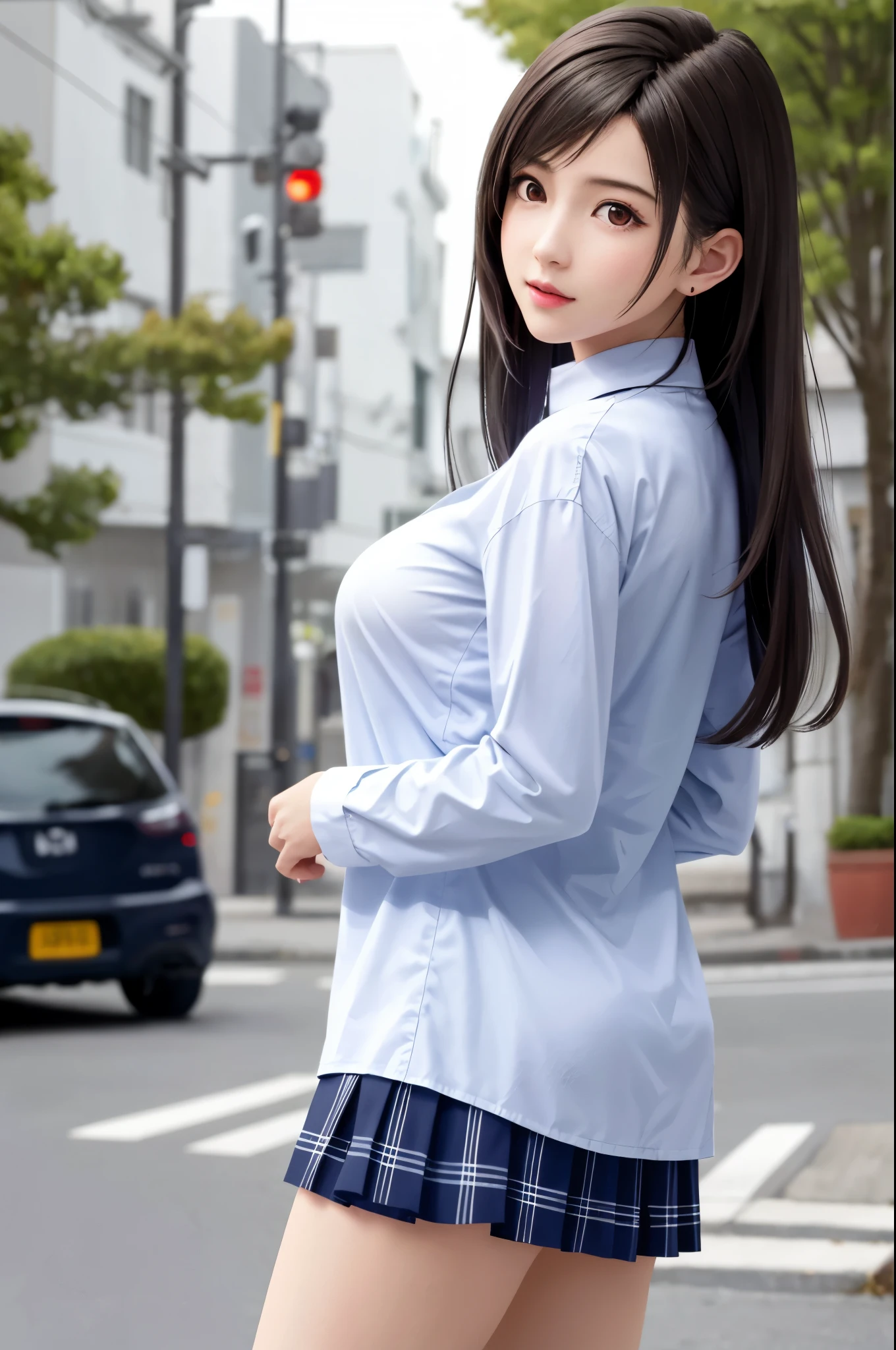(top quality, masutepiece: 1.1), (Realistic: 1.3), BREAK (((FF7,Tifa_lockhart))),(solo,Tifa:1.2),side view:1.2,(japanese ,high school student,blue Blazer, Plaid pleated skirt:1.3,button-down white shirt:1.3,Dark blue ribbon:1.3) ,(autumn,standing, outdoor),(gravure pose:1.3),Ultra-detailed face:1.3, Detailed eyes,Red eyes, BREAK (((FF7,Tifa_lockhart))),(light brown hair, Large breasts: 1.0), BREAK About 18 years old,kawaii,zettai_ryouiki:1.1,looking ahead:1.3,cowboy shot,beautiful legs,have nice legs,legs focus
