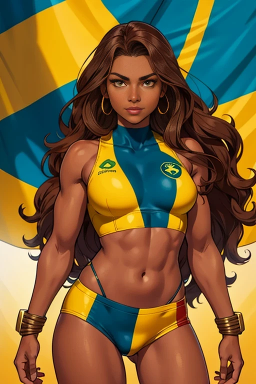 Australian aboriginal beautiful Woman australian superhero suit australian clothing  gold and greens clothes Flag of Australia long wavy brown  hair brown skin yellow eyes, 