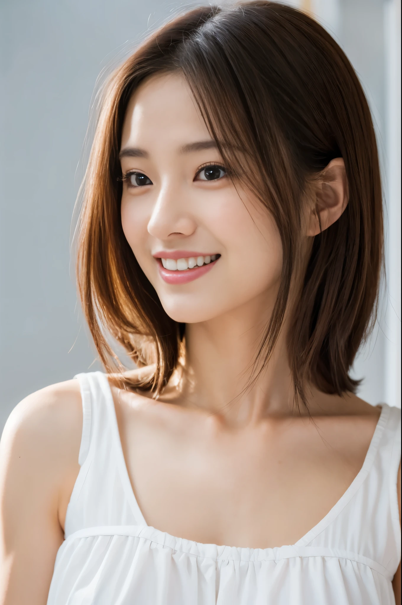 young japanese woman, 30 generations, white background, simple背景, white-brown hair, thin, 4K, In 8K, high quality, beauty, beautiful eyes, simple, High resolution,1 person,beautiful skins,beautiful skin,laughter