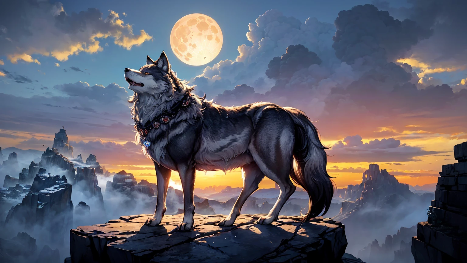 (highest quality images,masterpiece level,high resolution),(Wolf,一匹のWolf,超カッコいいWolf,realistic fur),Howling at the top of the cliff,Rin on all fours々Stand up,beautiful night sky and full moon、wild animals,There is a sense of dynamism,