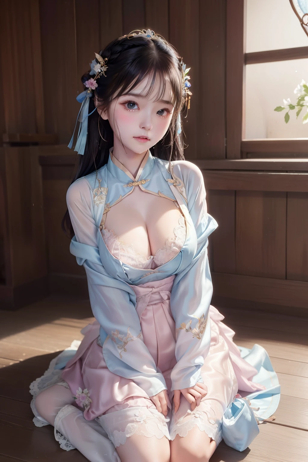 small ,,princess 10 yeald old cute, Master picture quality, Highest quality, Best picture quality, Exaggerated details, The expression is shy,a close up of a , Super beautiful,Long hair, Very exaggerated and compact, Round breasts , Pose in front of the camera, ,, Wet-breasted Hanfu open V-chested clothes pink, All pictures, Wet body of thin silk fabric, Thin silk lace petticoat, (huge ,cleavage), petticoat, white pink, blue, high slim waist, details