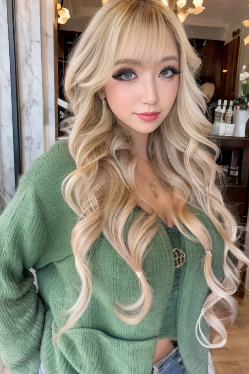 blonde、curly hair、gal makeup、fluffy eyelashes、big breasts、Stand up like a model、valley、
