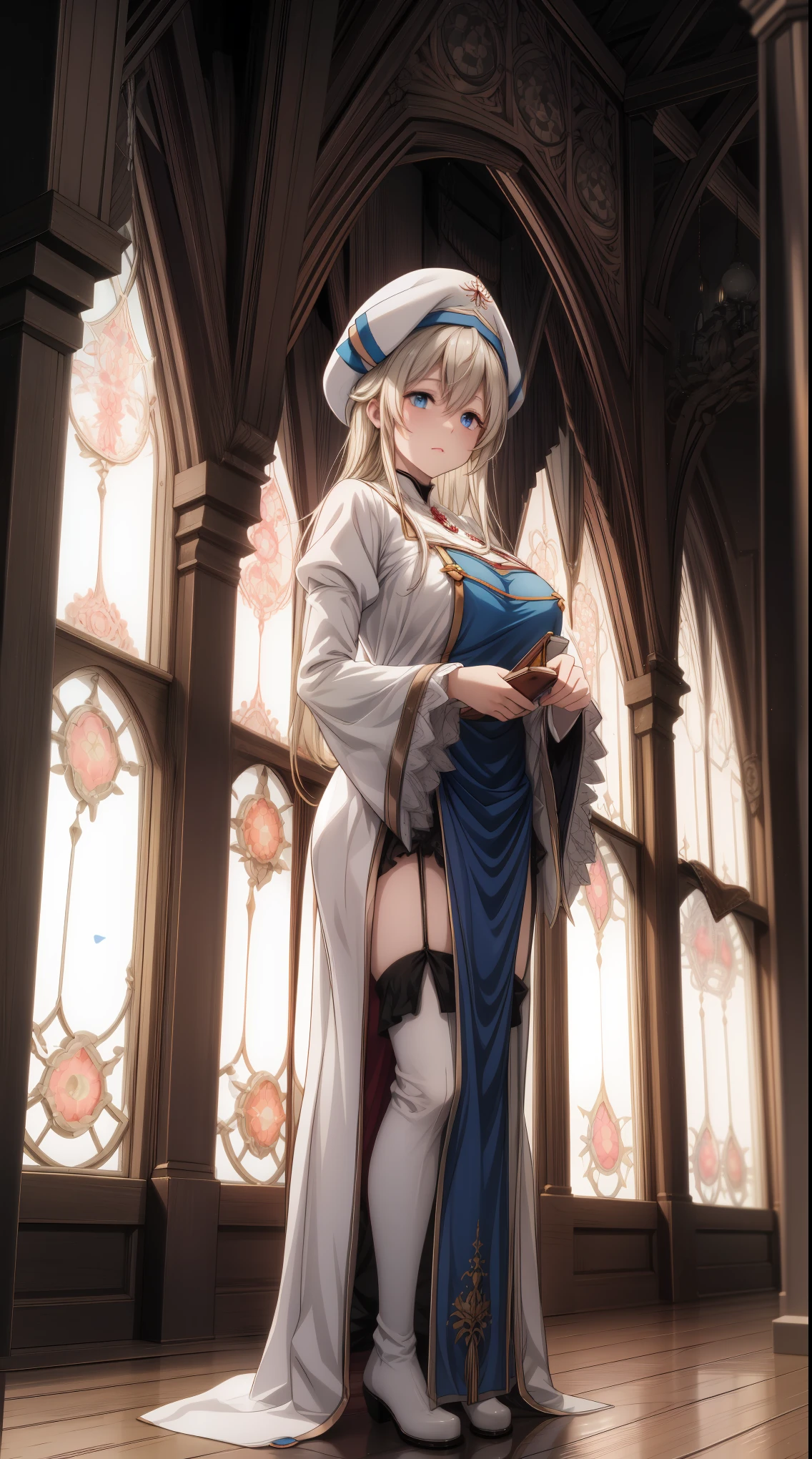 huge breast:1.2, (best quality,4k,8k,highres,masterpiece:1.2),ultra-detailed,(realistic,photorealistic,photo-realistic:1.37),priestess,hat,long sleeves,dress,thighhighs,white headwear,thigh boots,wide sleeves,white thighhighs,beautiful detailed eyes,beautiful detailed lips,extremely detailed eyes and face,longeyelashes, long hair,standing,full body,full figure,in house medieval,medium:oil painting,atmospheric lighting,dreamy color palette,detailed interior decoration,quiet and peaceful ambiance,candles illuminating the room,religious symbols,delicate lacework on the dress,intricate patterns on the hat and headwear,finely crafted metal buckles on the boots,reflection of stained glass windows on the polished wooden floor,source of soft light casting shadows on the priestess,subtle rays of sunlight filtering through the windows,serene expression on the priestess's face,gentle breeze rustling the curtains,warm and cozy atmosphere,ancient scriptures adorning the walls,carved wooden furniture,antique decorations,religious artifacts,tranquil garden visible through the window,crimson roses blooming in the garden,peaceful and sacred aura surrounding the priestess.