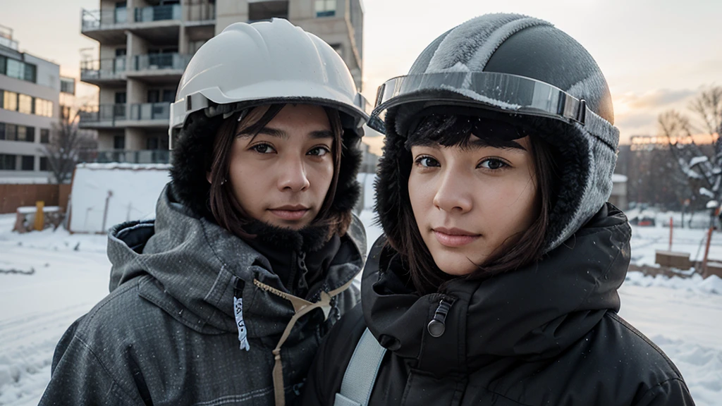 A person who recommends cold protection goods at a winter construction site、Wearing a helmet、Protect your head, face, and neck from the cold