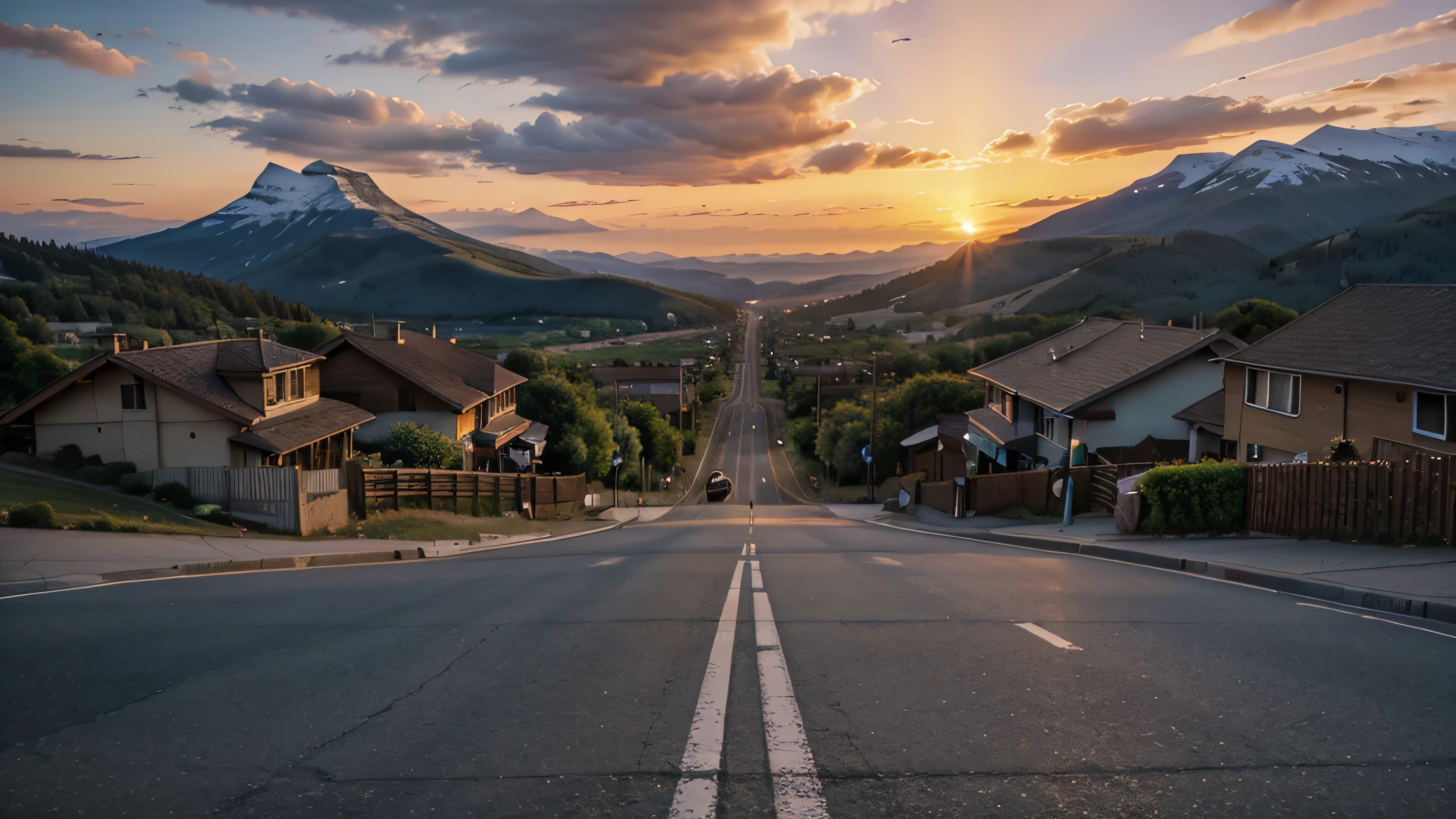 amazing mountain valey sunset street background