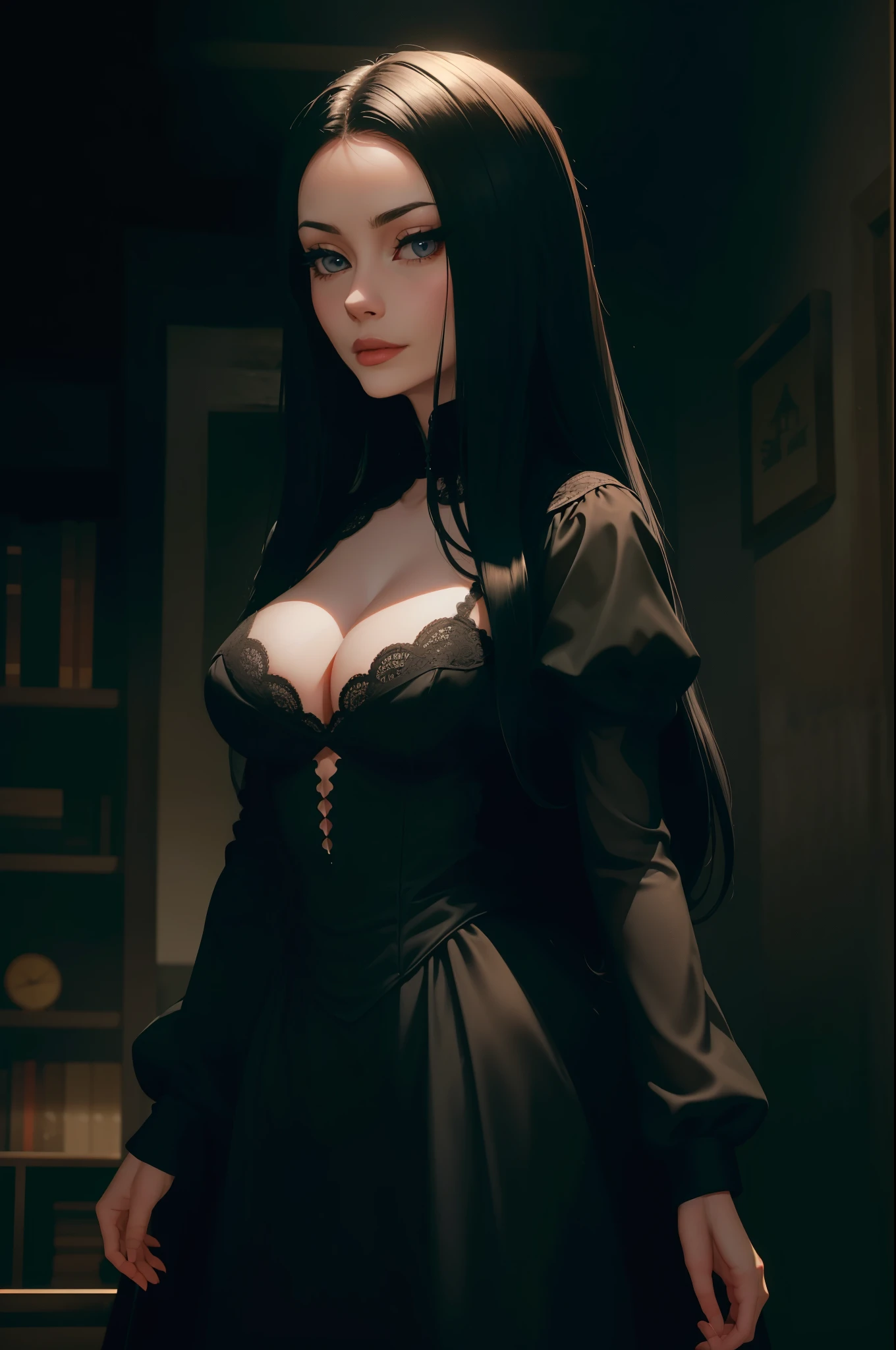 (((Emma Norton))), emmanorts, 1girl as ((the adams family))((hd)) (((large breasts)))((8k)))((morticia)))((dark  dress)) ((upper body ))((hot))(((Amazing tits)))hot, beautiful, 8k, hyperrealistic , unreal engine ray tracing render ((hyperrealistic human style)),(((Empty dark background)))