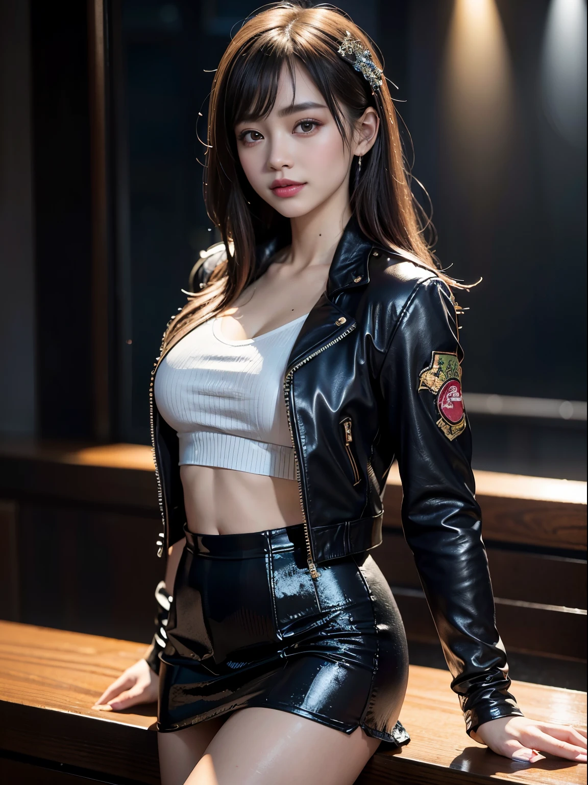 ((highest quality、masterpiece:1.2、8K、reality photo、Beautiful dimming、RAW photo、Super high resolution、Very delicate background))、(((Bewitching beautiful adult woman)))、smooth and perfect body、((casual hair、pantyhose、Sequin mini skirt))、(leather_Jacket_and_decorated:1.5)、(big smile)、(fluffy round eyes、kind eyes)、beautiful and detailed face、Beautiful and smooth skin,、The whole body is reflected、(disco、neon lighting)