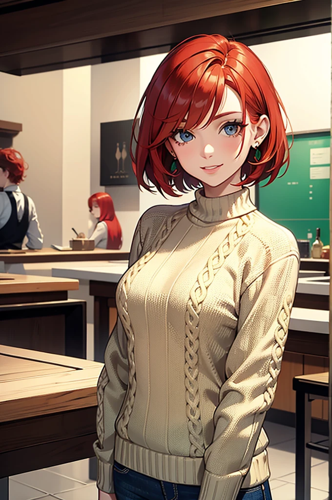 irish sweater,redhead,20th generation,woman,short hair,bob cut,Cheerful look