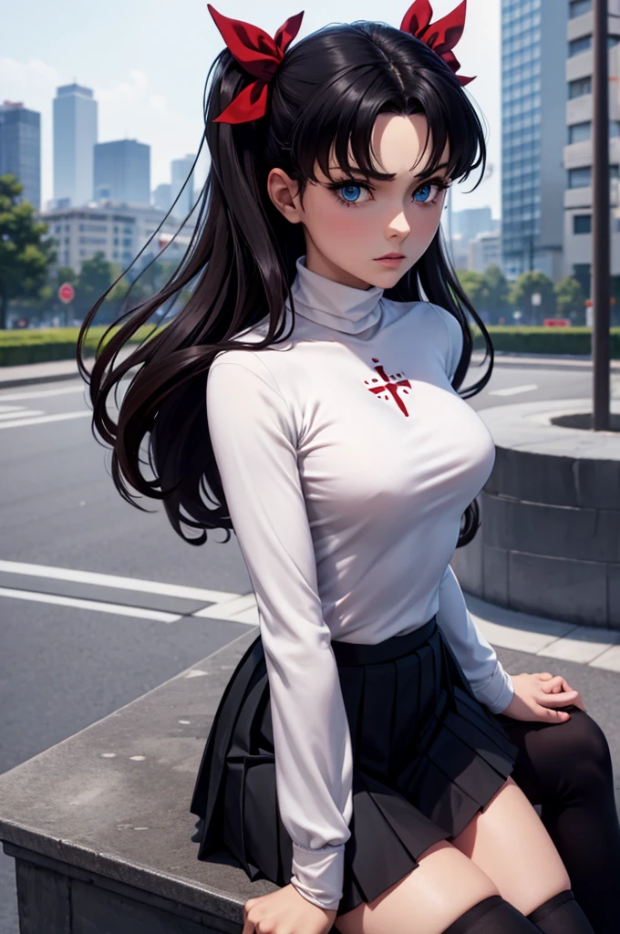 (masterpiece), best quality, expressive eyes, perfect face, 1girl, solo, rintohsaka, rin tohsaka, aqua eyes, black hair, hair ribbon, long hair, ribbon, sidelocks, two side up, black skirt, black thighhighs, long sleeves, miniskirt, pleated skirt, ((red sweater)), skirt, sweater, thighhighs, turtleneck, city background, sitting, character sheet, upper body, portrait, looking at viewer