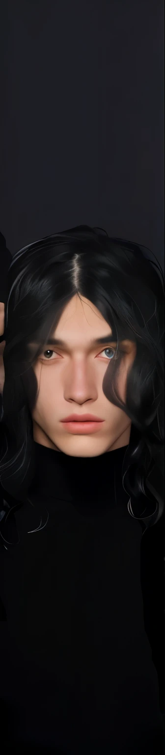 Beautiful 20-year-old boy, with long black highlighted hair, he is wearing a black turtleneck with long sleeves, close-up of the bust and face, photoshoot, fashion editorial, fashion style, editorial.
