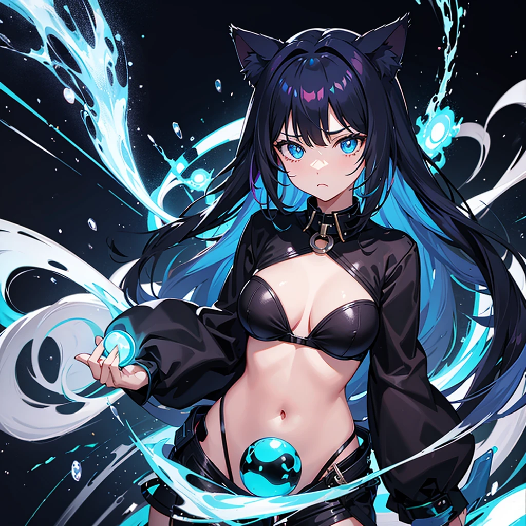 Cat Ear Girl, galaxy hair, multicolor hair, blue eyes, big breast, sad expression, black cat collar, no human ears visable