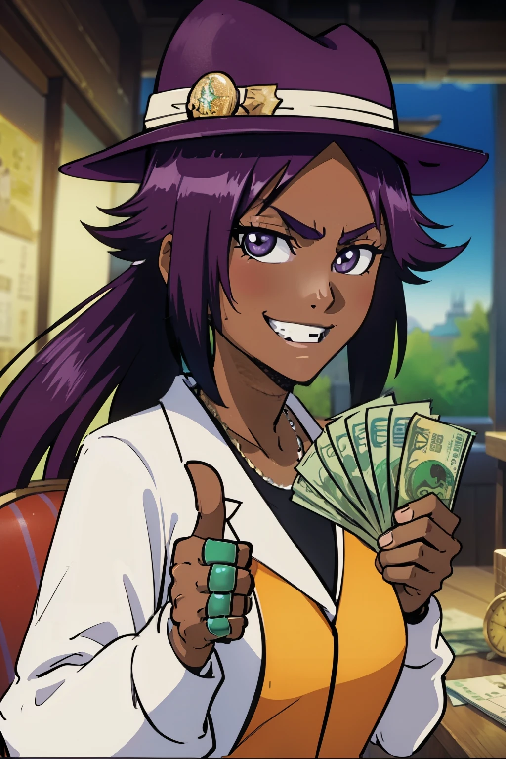 (masterpiece, best quality:1.2), gangstersb, 1girl, solo, looking at viewer, upper body, money, holding, holding money, thumbs up, (hat), suit, grin, jewelry, Yoruichi Shihoin, detailed face, purple hair, ponytail