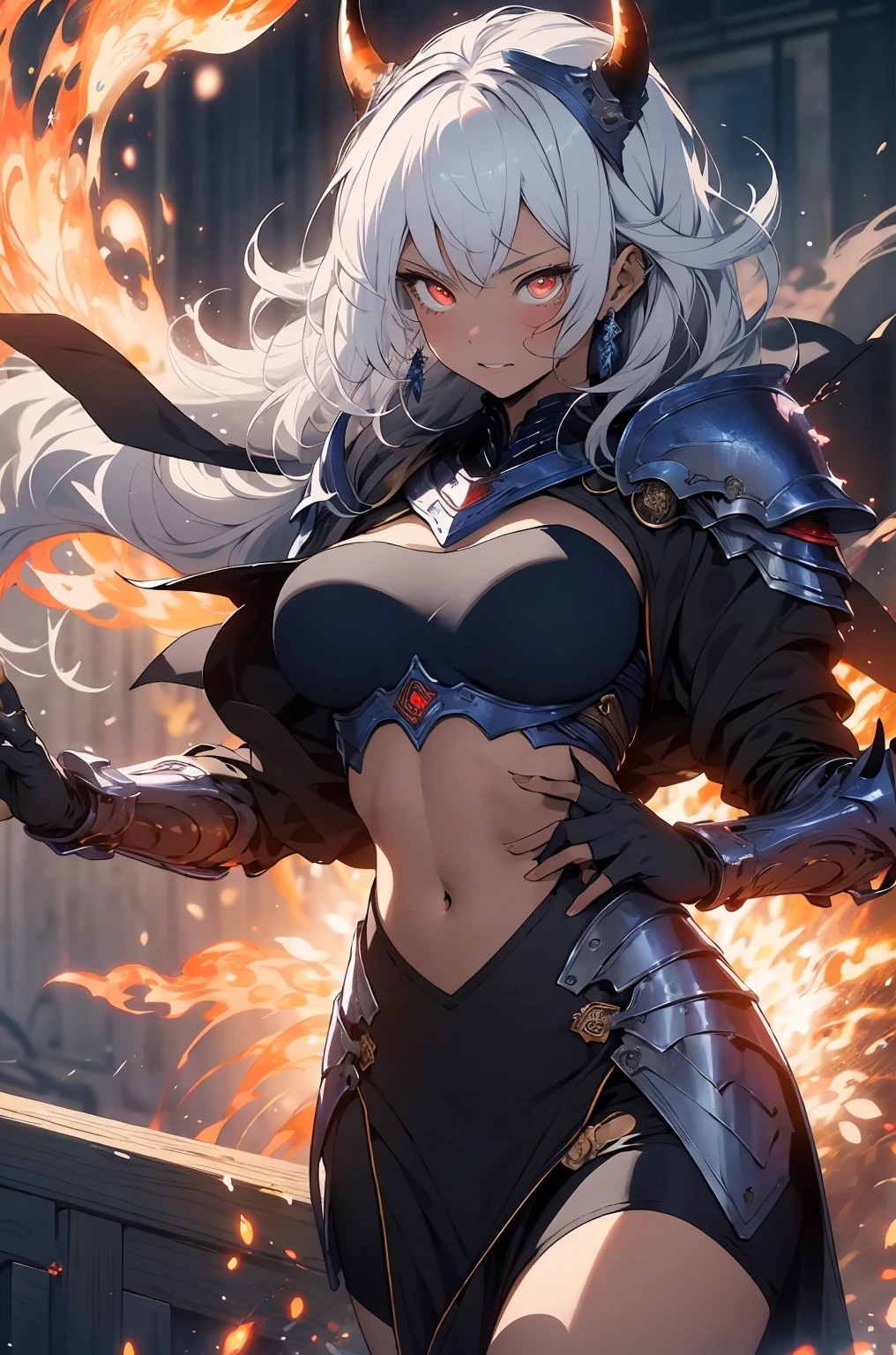 1girl,solo,long hair,white hair color,Jet-black eyes color,lip,super huge breasts,expressionless,Jet-black armor,breasts restrained by armor,fall into darkness,darkness knight,dark sword,burst into flames,dark flame,blue flame,looking at viewer,intent to murder,a contemptuous glance,dark castle back ground