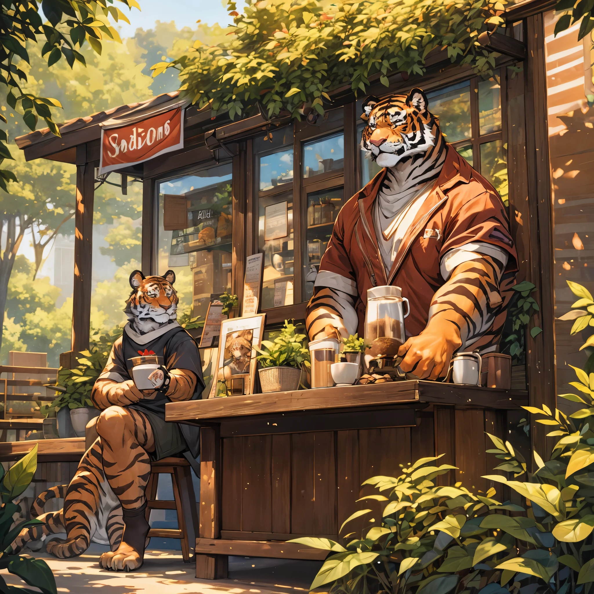 (best quality,4k,8k,highres,masterpiece:1.2),ultra-detailed,(realistic,photorealistic,photo-realistic:1.37),tiger man,coffee,daylight,cafe,relaxing atmosphere,tiger features,humanoid tiger,human-tiger hybrid,stripes,ferocious eyes,whiskers,claws,quiet cafe,barista,tiger print decor,cozy seating,plants,dappled sunlight,A4 illustration style,vivid colors,warm tones,soft lighting,vintage vibe,aromatic coffee scent,steaming coffee cup,greenery in the background,peaceful ambiance,furry texture,serene expression