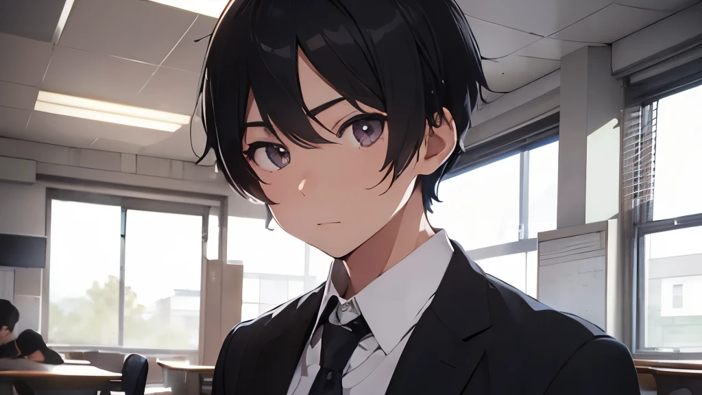 classroom、Undercut hair、School、18-year-old high school student、male、High resolution、Sharpened focus、High definition、male性1人、black eye、black hair、Black 、handsome handsome man、Eyes are dull、Are standing