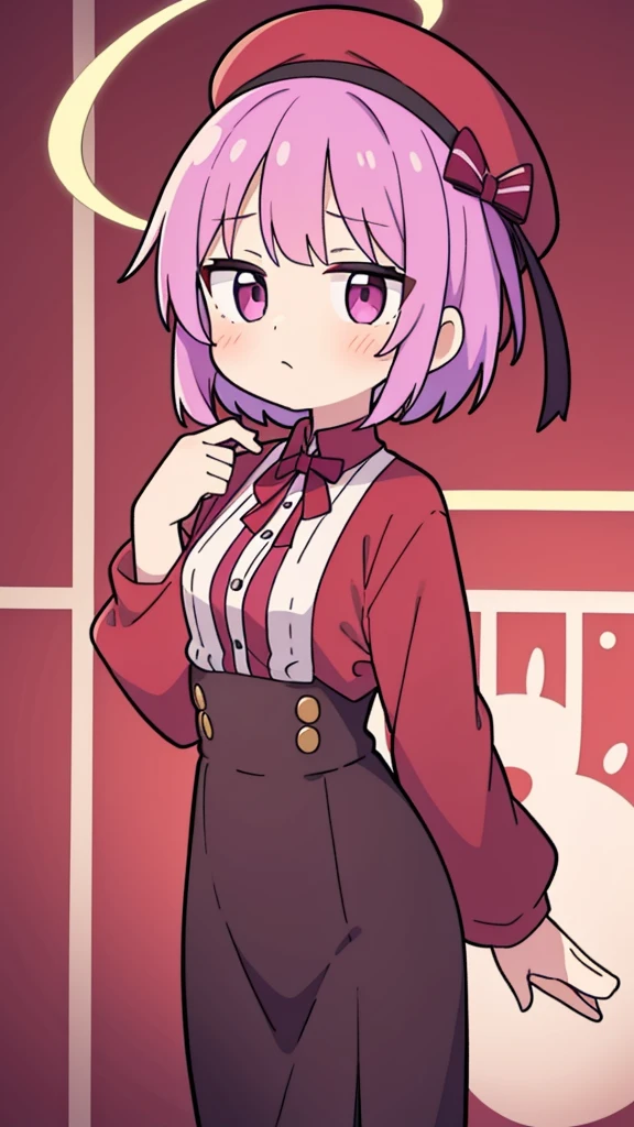 A girl with purple hair,Wearing a burgundy dress,Naughty,blush,timid,Burgundy short blouse,Dark clothes,hat,Burgundy eyes,issue card,wine red halo