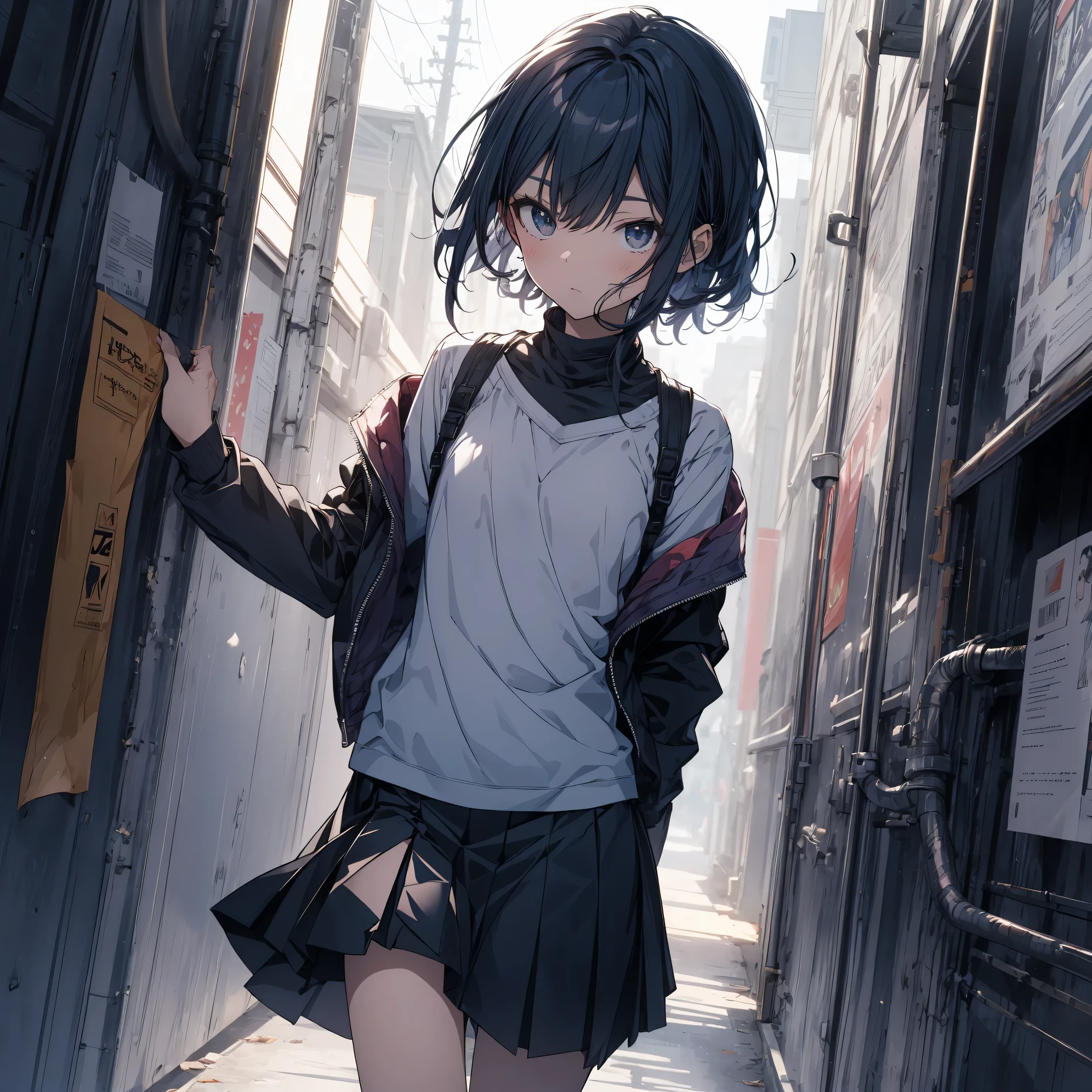 super highest quality, super detailed, High resolution, anime moe art style, best anime 8K konachan wallpaper, pixiv contest winner, perfect anatomy, break,(眠そうにalone学校へ行く女の子を描いてください. ),break, surreal high school girl, (alone,lolita, child,13 years old:1.3),All limbs, full finger,Middle school students, androgynous charm, (very short hair), messy hair, flat chest, small ass, between legs, Small black eyes,beautiful and fine eyes, Well-proportioned iris and pupils, disgusted eyes, High resolutionの詳細な髪,, (skirt), On the way to school. break,super dense skin, Best lighting by famous artists, 8K, figure,