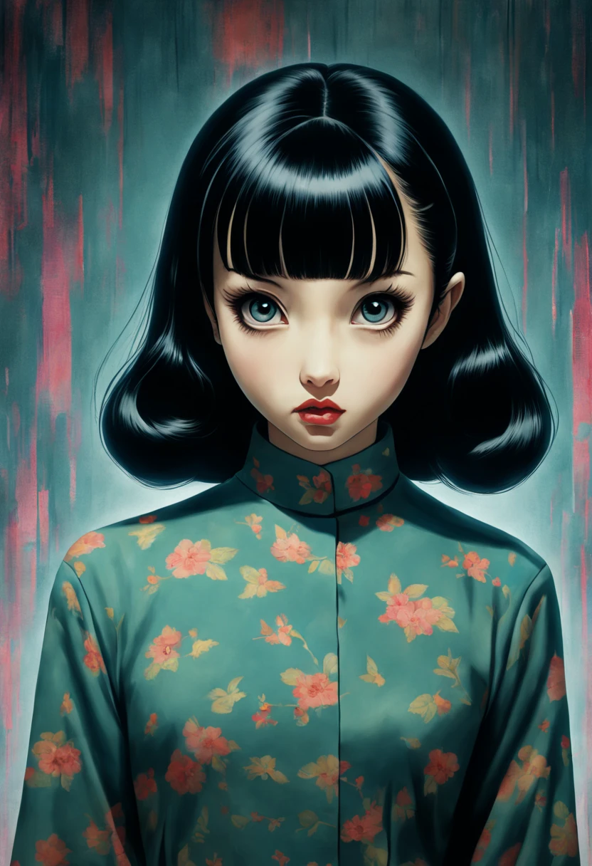 a cute girl,Serious expression,Mystery,Junji Ito's style,Retro,(((A source of inspiration:Mark Leyden)))