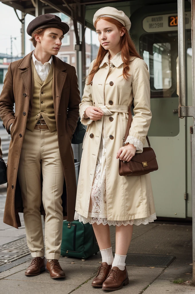 19th century, a 19-year-old girl. All her clothes, accessories and bags belong to the 19th century. A white-skinned girl with red hair and freckles. standing waiting for the train. He has a cream colored hat. She has a short green coat with a motif, fitted to the waist, with puffy skirts, and her cream-colored lace long dress is visible from under the coat. She has cute brown shoes on her feet and a large tan travel bag in her hand. waiting at a historical train station. His looks are a little sad and confused, he will get on the train alone and leave. He has a hopeful and excited expression about the future.