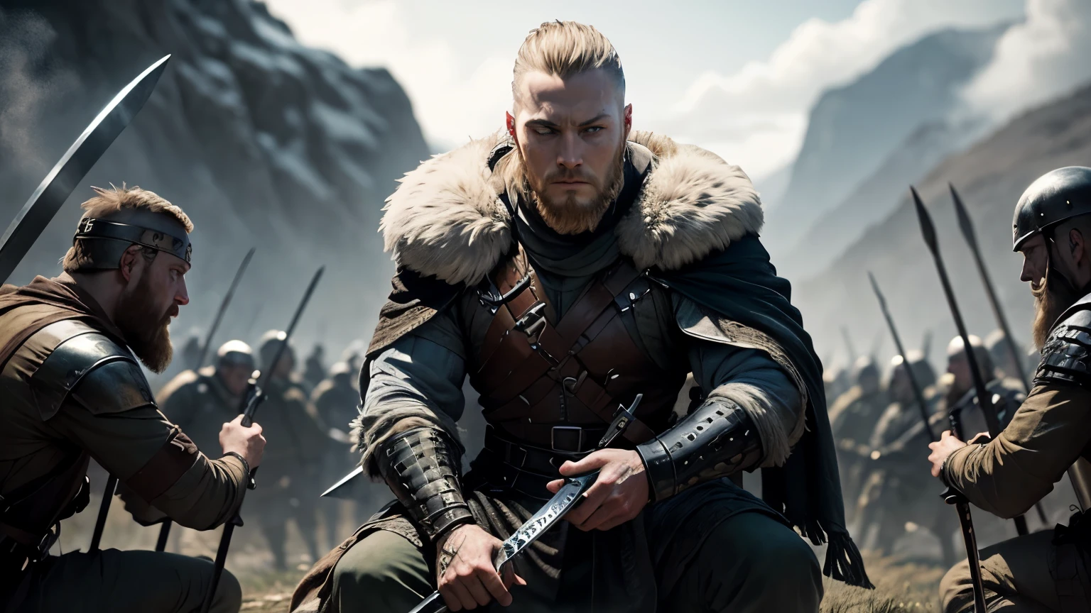 ragnar lothbrok with his sword on the battlefield facing deadly enemies