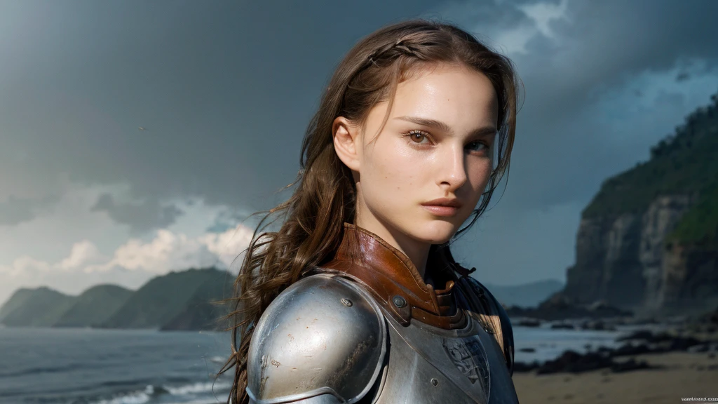 one girl, Beautiful  girl from Norway, redhead ponytail girl, girl standing in leather armor, A female knight stands against the background of a sandy beach、Beautiful girl with a spear in her hand, hair moving in the wind, photorealism, sharp focus, Realistic facial skin, heavy atmosphere, beautiful face, perfect face, erotic face, Medieval knight, 14 year oldgirl, hazel eyes natalie portman, full body photo, Beautiful girl wearing leather sandals, Beautiful girl raw photo, full body, hyper quality, highly detailed, Unreal Engine, Octane Render, Realistic, Photorealism, 16k, 4k, Cinematic,