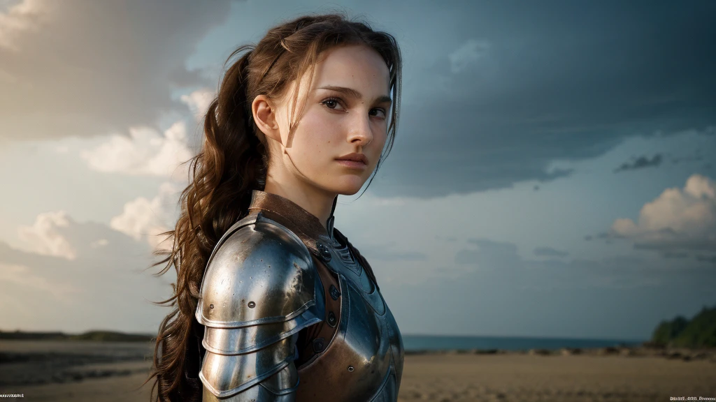 one girl, Beautiful girl from Norway, redhead ponytail girl, girl standing in leather armor, A female knight stands against the background of a sandy beach、Beautiful girl with a spear in her hand, hair moving in the wind, photorealism, sharp focus, Realistic facial skin, heavy atmosphere, beautiful face, perfect face, erotic face, Medieval knight, 14 year oldgirl, hazel eyes natalie portman, full body photo, Beautiful girl wearing leather sandals, Beautiful girl raw photo, full body, hyper quality, highly detailed, Unreal Engine, Octane Render, Realistic, Photorealism, 16k, 4k, Cinematic,
