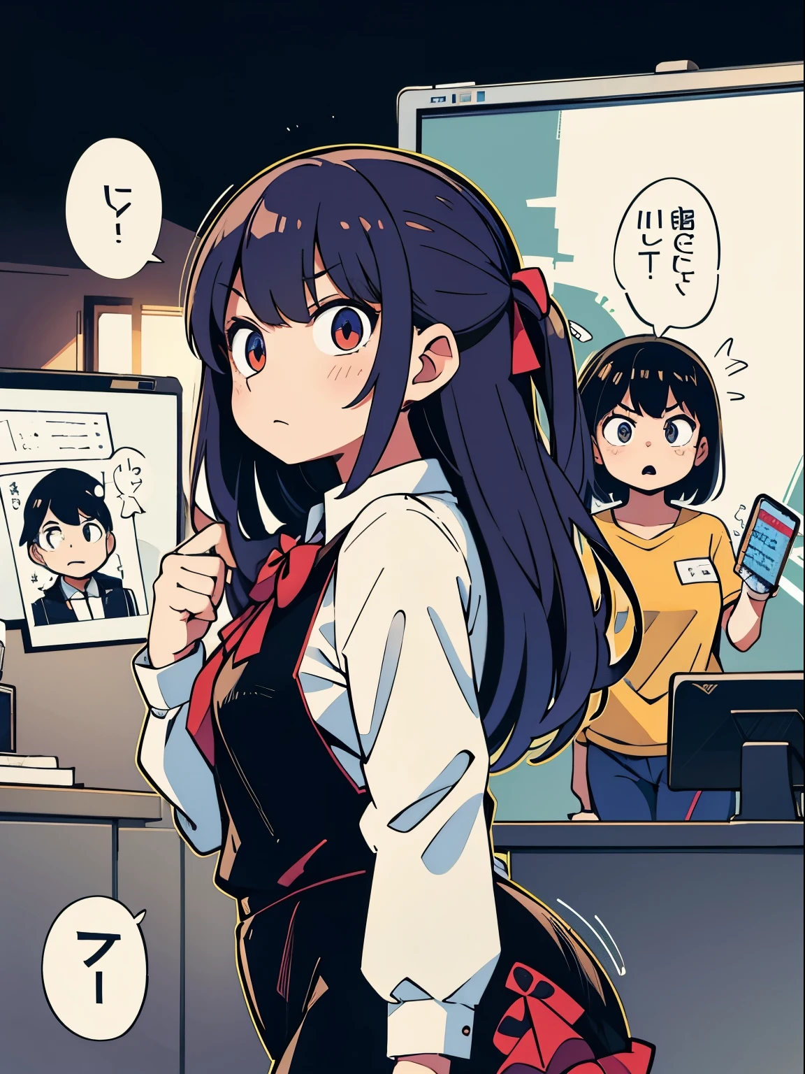 In a conference room during a meeting, a displeased young girl stands out among the six people present. The setting includes a whiteboard, and she is visibly angry, disrupting the atmosphere. Capture the intensity of the meeting, with a focus on the frustrated expression of the girl. Emphasize the details of the whiteboard, the meeting dynamics, and the overall tension in the room. Generate a high-quality image that conveys the essence of a confrontational moment during a meeting, highlighting the elements of anger, the team, and the presentation on the whiteboard.