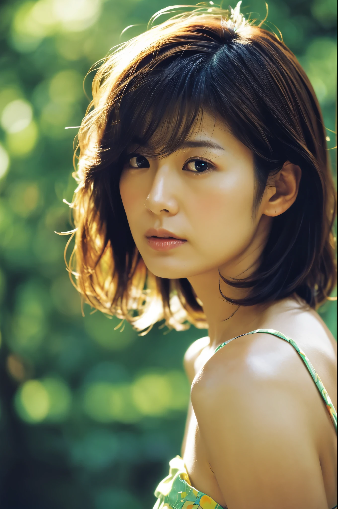 movie, film portrait photography, Hosomi Japanese woman, 30 years old, bare shoulders, wavy shoulder-length hair, calm, Calm, (realistic detailed eyes, natural skin texture, realistic facial details), soft and dramatic lighting, Depth of bounds written, Bokeh, vivid details, in detail, surreal, 35mm film, hazy blur