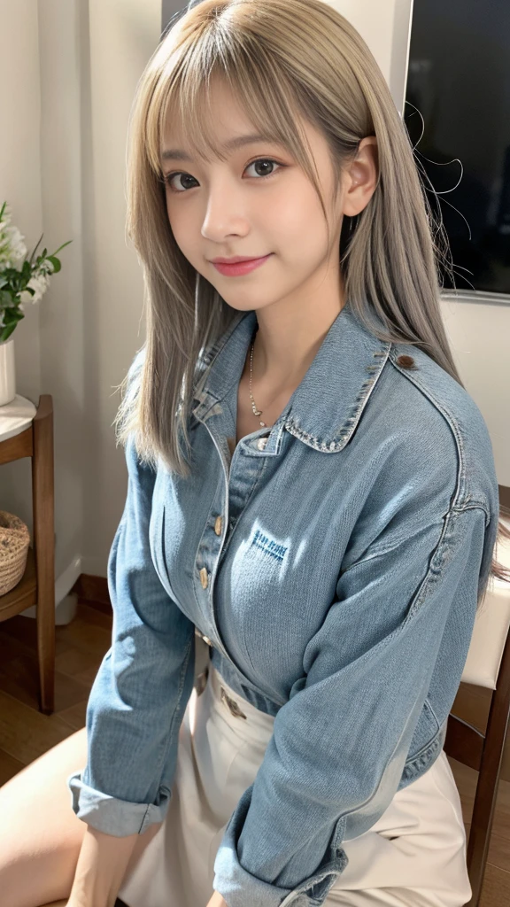 室内,キッチン,Happy Valentine's Day!,エプロン,denim skirt,Chef,バレンタインにプレゼントするチョコレートを作っている,medium shot,1girl,full body,standing,Ultra-realistic capture, Highly detailed, High resolution 16k close-up of human skin. Skin texture must be natural, With such detail that pores can be finely identified. Skin should look healthy, In a uniform tone. Use natural light and color,medium breasts,(最高品質,4K,8K,高解像度,テーブルトップ:1.2),超詳細な,((silver hair)),smiling