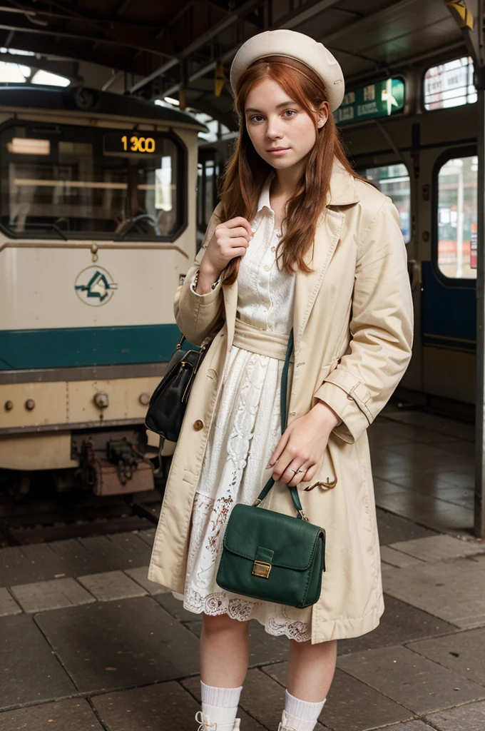 19th century, a 19-year-old girl. All of this girl's clothes, accessories and bag belong to the 19th century. This girl is a white-skinned girl with red hair and freckles. This girl is standing waiting for the train. He has a cream colored hat. She has a short green coat with a motif, fitted to the waist, with puffy skirts, and her cream-colored lace long dress is visible from under the coat. She has cute brown shoes on her feet and a large tan travel bag in her hand. waiting at a historical train station. His looks are a little sad and confused, he will get on the train alone and leave. He has a hopeful and excited expression about the future.