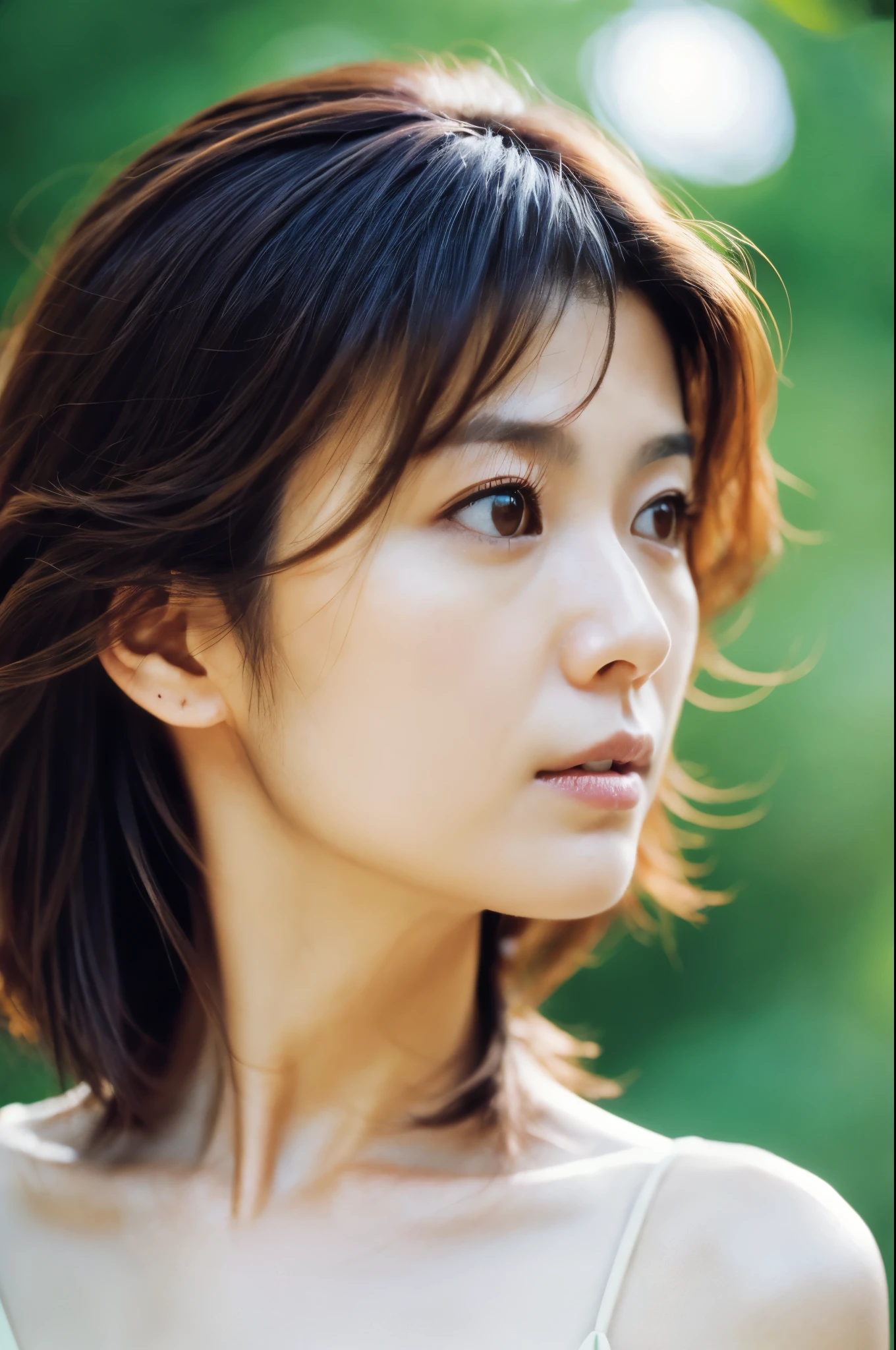 movie, film portrait photography, Hosomi Japanese woman, 30 years old, bare shoulders, wavy shoulder-length hair, calm, Calm, (realistic detailed eyes, natural skin texture, realistic facial details), soft and dramatic lighting, Depth of bounds written, Bokeh, vivid details, in detail, surreal, 35mm film, hazy blur