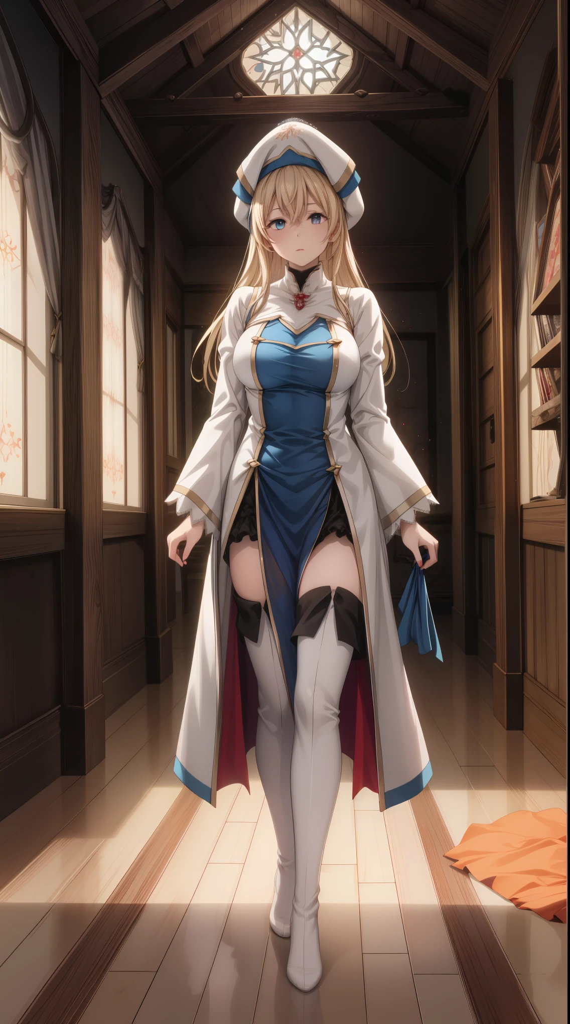 huge breast:1.2, (best quality,4k,8k,highres,masterpiece:1.2),ultra-detailed,(realistic,photorealistic,photo-realistic:1.37),priestess,hat,long sleeves,dress,thighhighs,white headwear,thigh boots,wide sleeves,white thighhighs,beautiful detailed eyes,beautiful detailed lips,extremely detailed eyes and face,longeyelashes, long hair,standing,full body,full figure,in house medieval,medium:oil painting,atmospheric lighting,dreamy color palette,detailed interior decoration,quiet and peaceful ambiance,candles illuminating the room,religious symbols,delicate lacework on the dress,intricate patterns on the hat and headwear,finely crafted metal buckles on the boots,reflection of stained glass windows on the polished wooden floor,source of soft light casting shadows on the priestess,subtle rays of sunlight filtering through the windows,serene expression on the priestess's face,gentle breeze rustling the curtains,warm and cozy atmosphere,ancient scriptures adorning the walls,carved wooden furniture,antique decorations,religious artifacts,tranquil garden visible through the window,crimson roses blooming in the garden,peaceful and sacred aura surrounding the priestess.