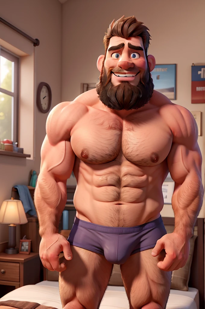 Male, hairy, muscular, beefy, bearded, full body, bedroom, sweaty, hairy chest, hairy arms, hairy belly, hairy legs, frontal view, detailed speedo, big underwear bulge