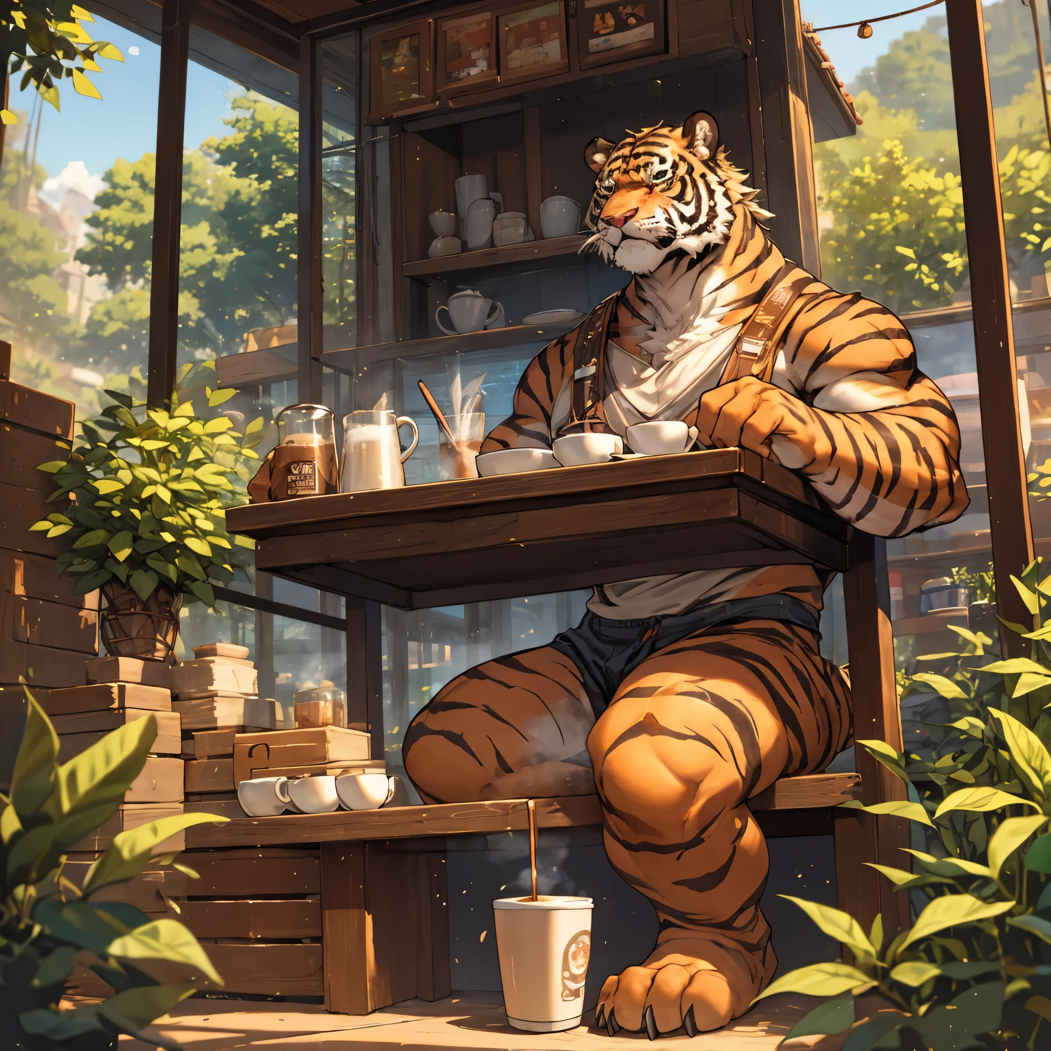 (best quality,4k,8k,highres,masterpiece:1.2),ultra-detailed,(realistic,photorealistic,photo-realistic:1.37),tiger man,coffee,daylight,cafe,relaxing atmosphere,tiger features,humanoid tiger,human-tiger hybrid,stripes,ferocious eyes,whiskers,claws,quiet cafe,barista,tiger print decor,cozy seating,plants,dappled sunlight,A4 illustration style,vivid colors,warm tones,soft lighting,vintage vibe,aromatic coffee scent,steaming coffee cup,greenery in the background,peaceful ambiance,furry texture,serene expression